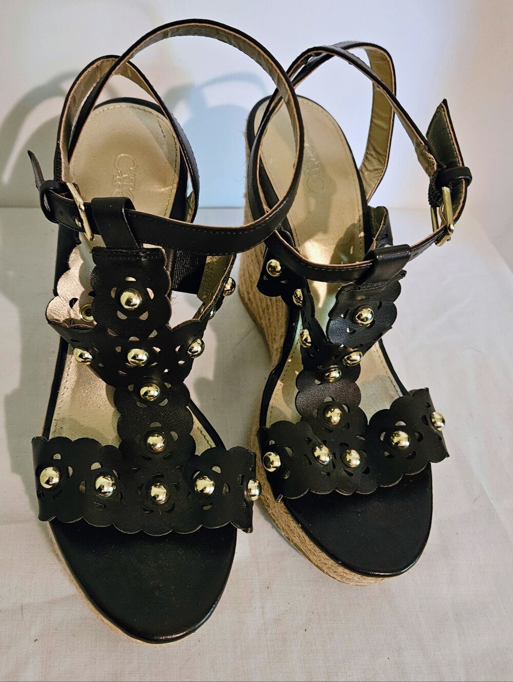 Cato Comfort Dark Brown Laser Cut Studded Espadrille Wedge Sandals Estimated 7.5